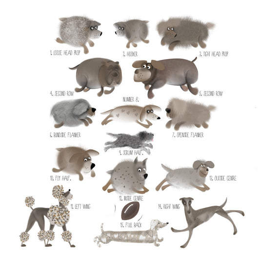 The 1st XV Positions – quirky greeting card featuring dogs and rugby