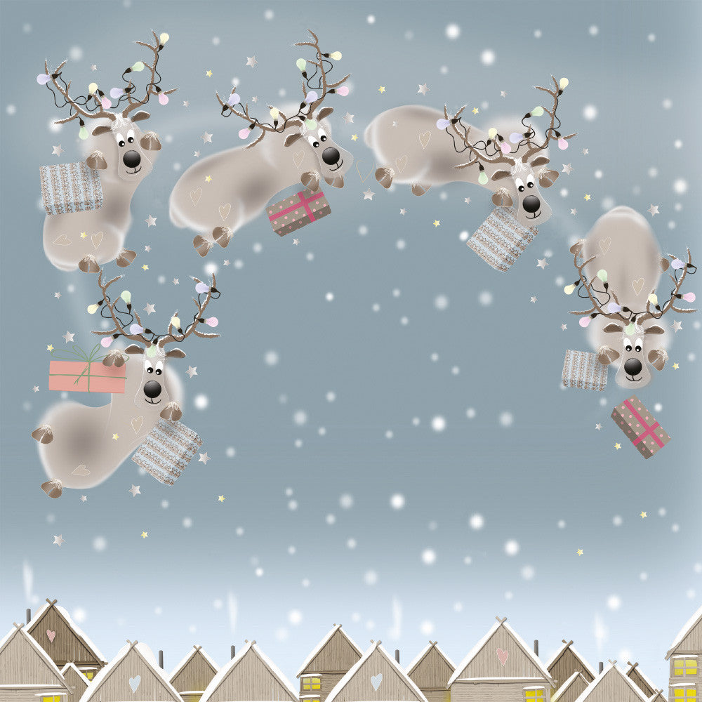 Reindeer friends flying through the snow above a village while delivering Christmas presents
