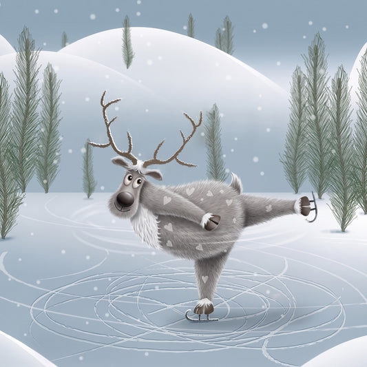 Reindeer figure skating with one leg stretched behind on a frozen pond, surrounded by snowy hills and trees.