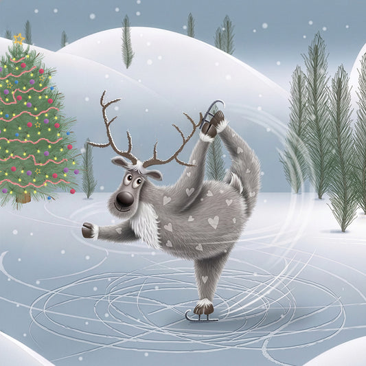 Cute reindeer ice skating with one leg lifted overhead beside a decorated Christmas tree in a snowy landscape.