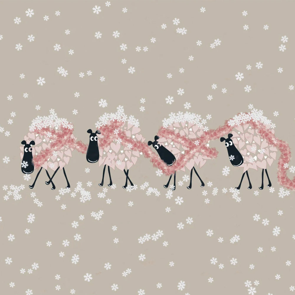 Office Party card: four pink heart-covered sheep tangled in red tinsel in falling snow