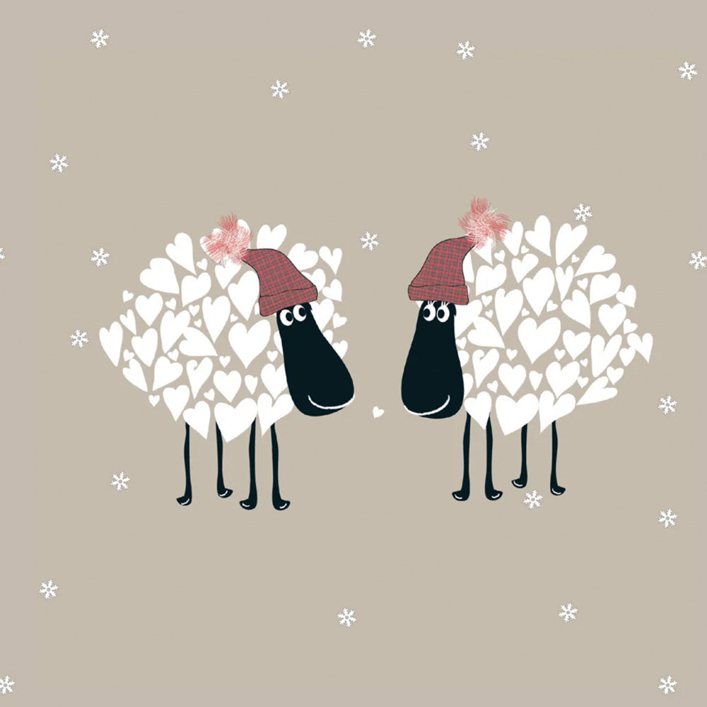 Santa Sheep card: two heart-covered sheep in red bobble hats sharing a tiny heart in the snow