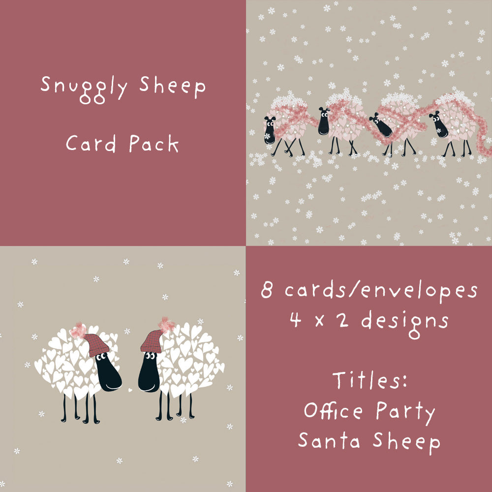 Snuggly Sheep Christmas card pack: 8 cards and envelopes, two designs, Santa Sheep and Office Party