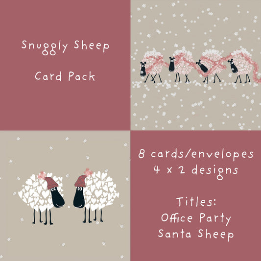 Snuggly Sheep Christmas card pack: 8 cards and envelopes, two designs, Santa Sheep and Office Party