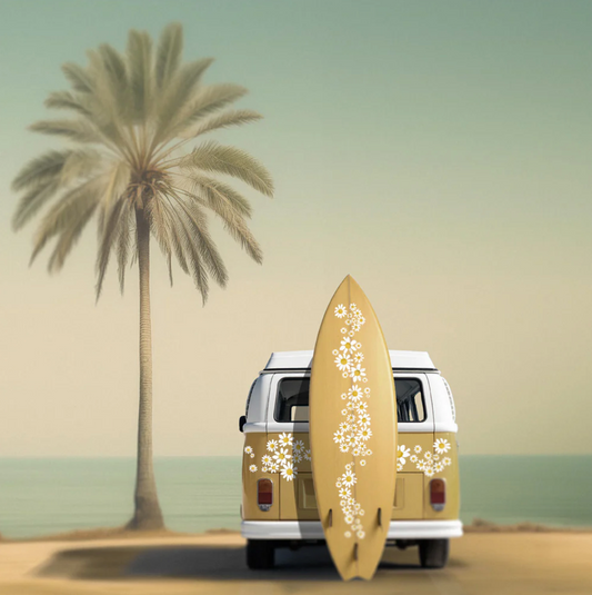 Daisy Surfboard and Camper van Canvas Print
