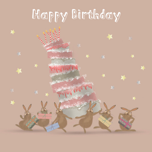 Rabbits with Birthday Cake   Handwritten Card