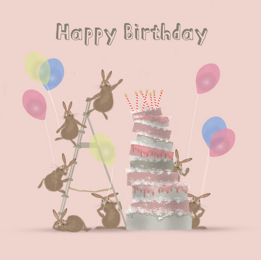 Hares with Pink Birthday cake  Handwritten Card