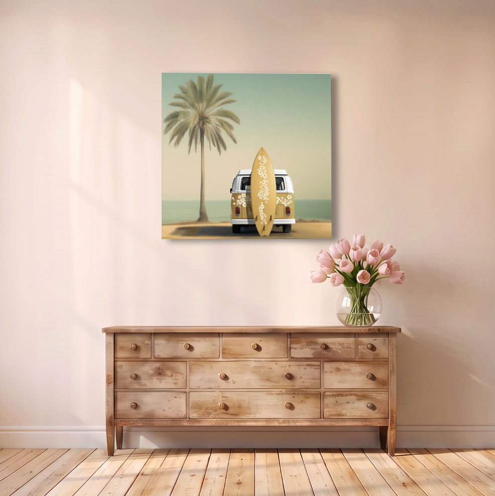 Daisy Surfboard and Camper van Canvas Print