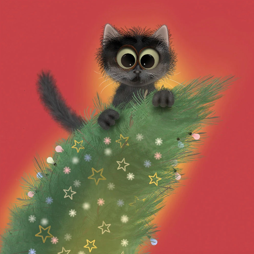 Trubble card: big-eyed fluffy black kitten climbing to the top of a Christmas tree with stars and lights