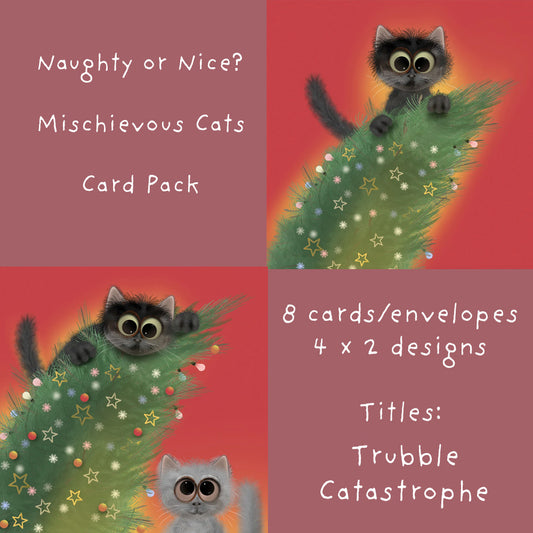Naughty or Nice? Mischievous Cats Christmas card pack: 8 cards and envelopes, two designs, Trubble and Catastrophe