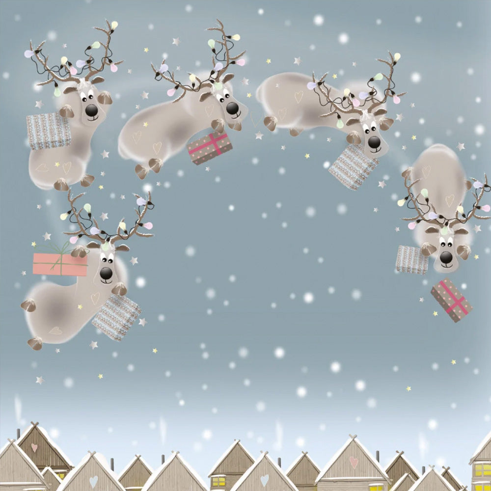 Landing Gear Christmas card, five flying reindeer with fairy light antlers carrying presents over snowy rooftops