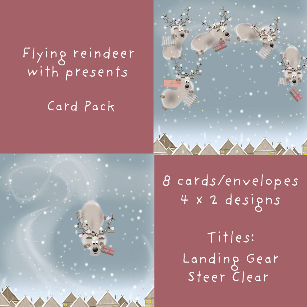 Flying Reindeer Christmas card pack showing Landing Gear and Steer Clear designs, 8 cards and envelopes