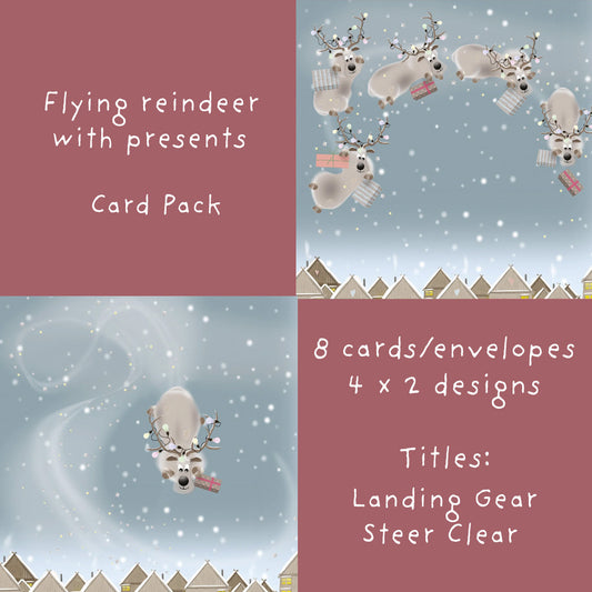Flying Reindeer Christmas card pack showing Landing Gear and Steer Clear designs, 8 cards and envelopes