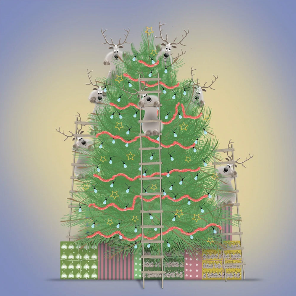 Reindeer on ladders decorating a tall Christmas tree with fairy lights and red tinsel above wrapped presents