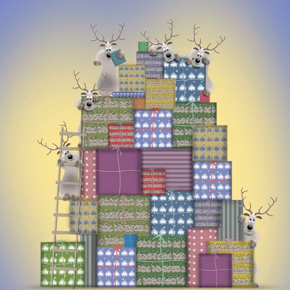 Reindeer climbing a tall pile of colourful wrapped Christmas presents, one reading a book at the top