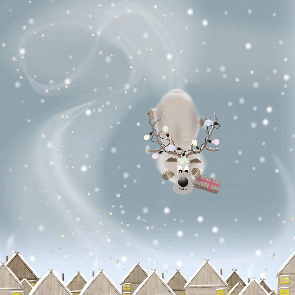 Steer Clear Christmas card, a reindeer diving head-first with a present towards snowy rooftops