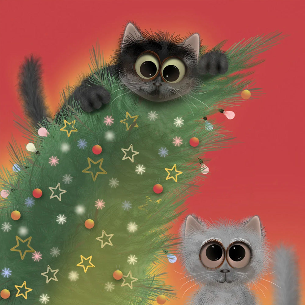 Catastrophe card: black kitten clinging to a tilting Christmas tree while a grey kitten looks up wide-eyed