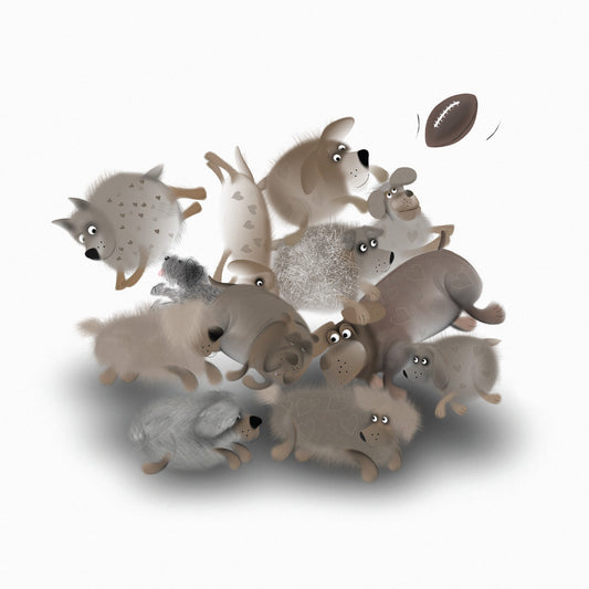Scrum Down – quirky greeting card featuring dogs and rugby